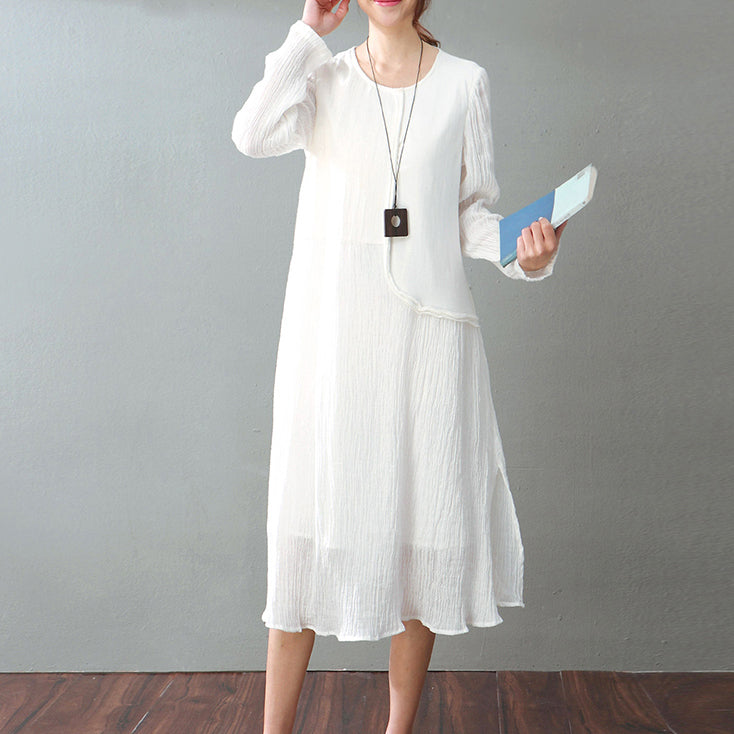 White Cotton Linen Maxi Dress Loose Fitting O Neck Baggy Dresses New Long Sleeve Patchwork Dresses