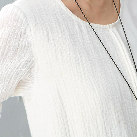White Cotton Linen Maxi Dress Loose Fitting O Neck Baggy Dresses New Long Sleeve Patchwork Dresses