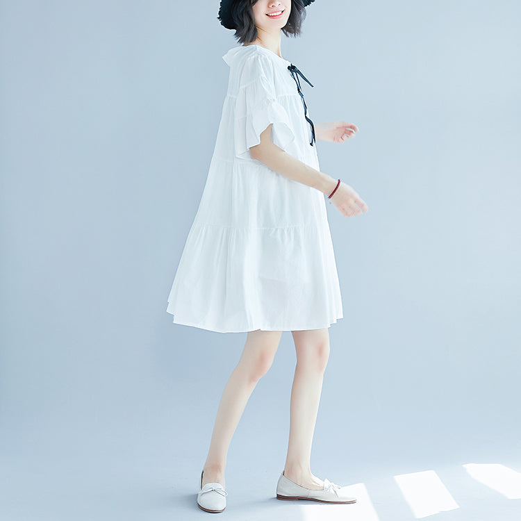 White Dress Trumpet Sleeves a Line Skirts O Neck Cotton Dress