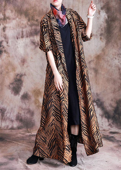 Yellow Print Coats Fall Notched Pockets Tie Waist Maxi Coat