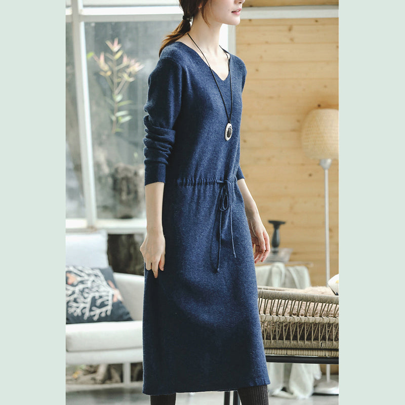 Warm Blue Knit Dresses Fall V Neck Long Knit Sweaters Drawstring Pullover Sweater