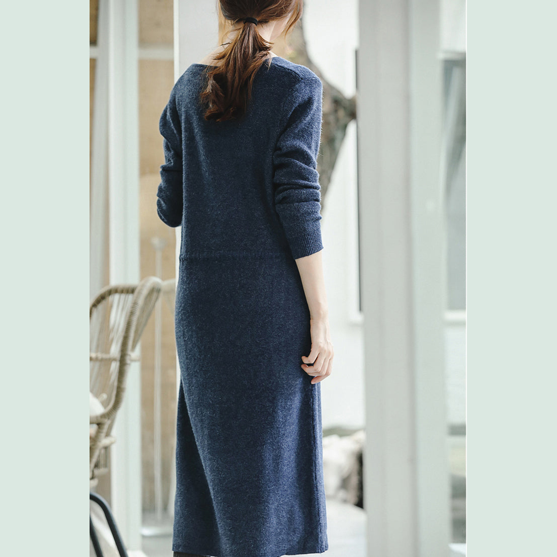Warm Blue Knit Dresses Fall V Neck Long Knit Sweaters Drawstring Pullover Sweater