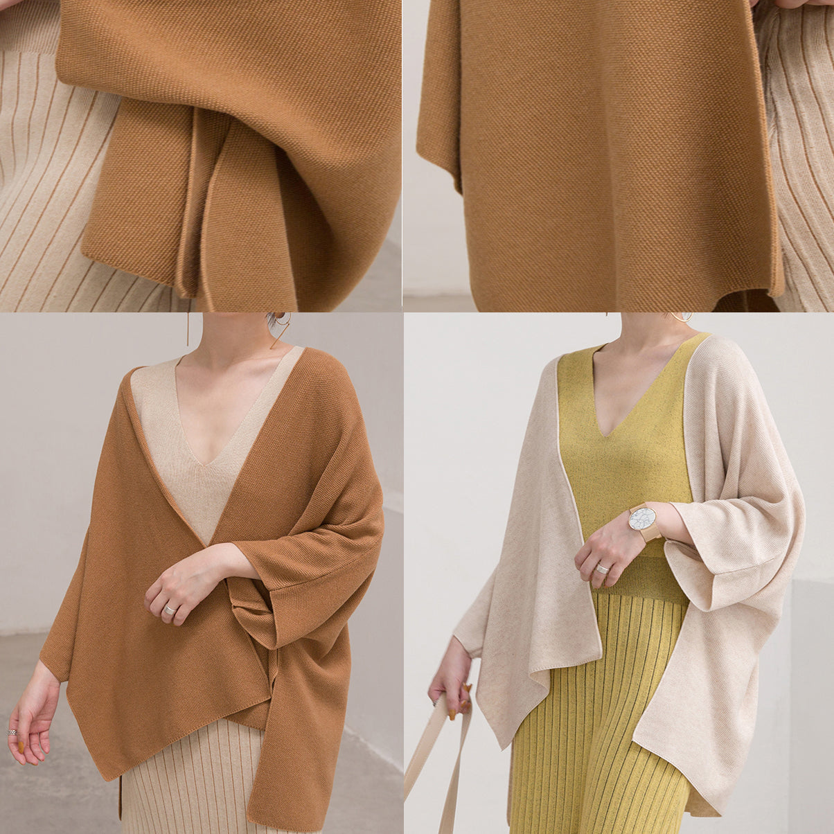 Warm Brown Sweaters Clothing Three Quarter Sleeve Knitted Tops Cardigan