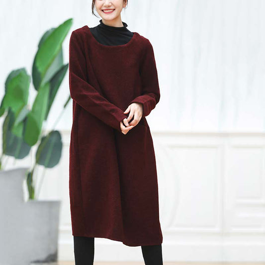Warm Burgundy Knit Dresses Oversized O Neck Sweater Baggy Dresses Pullover Sweater