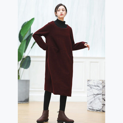 Warm Burgundy Knit Dresses Oversized O Neck Sweater Baggy Dresses Pullover Sweater
