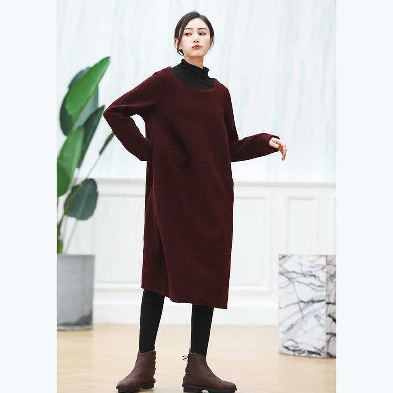 Warm Burgundy Knit Dresses Oversized O Neck Sweater Baggy Dresses Pullover Sweater