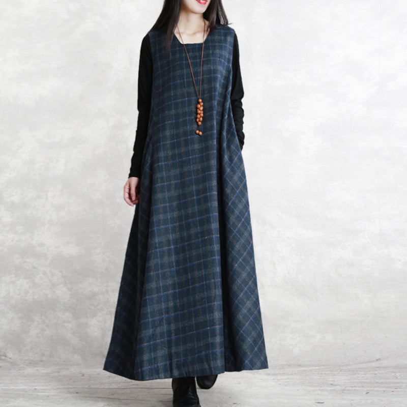 Warm Dark Blue Plaid Knit Dresses Loose Fitting Sleeveless Patchwork Dresses Square Collar Pockets Pullover Dresses