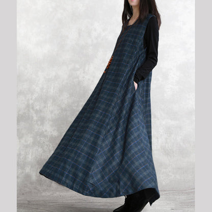 Warm Dark Blue Plaid Knit Dresses Loose Fitting Sleeveless Patchwork Dresses Square Collar Pockets Pullover Dresses