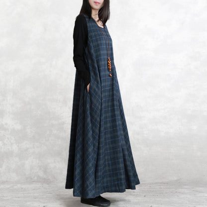 Warm Dark Blue Plaid Knit Dresses Loose Fitting Sleeveless Patchwork Dresses Square Collar Pockets Pullover Dresses