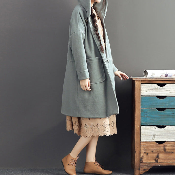 Warm Fall Woolen Outfits Light Green Oversize Pockets Long Sleeve Coats