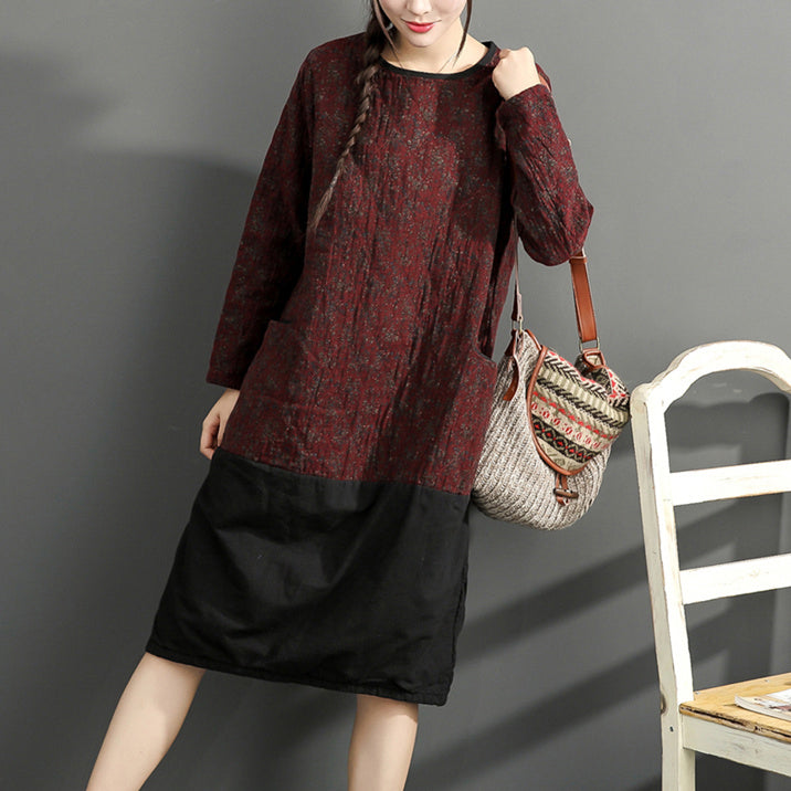 Warm Winter Cotton Outfits Red Prints Dresses Patchwork O Neck Dress