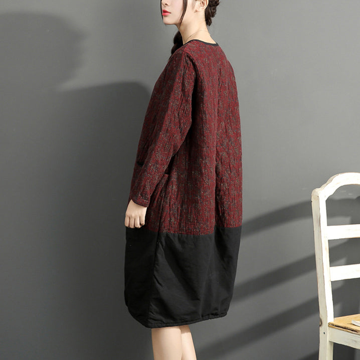Warm Winter Cotton Outfits Red Prints Dresses Patchwork O Neck Dress