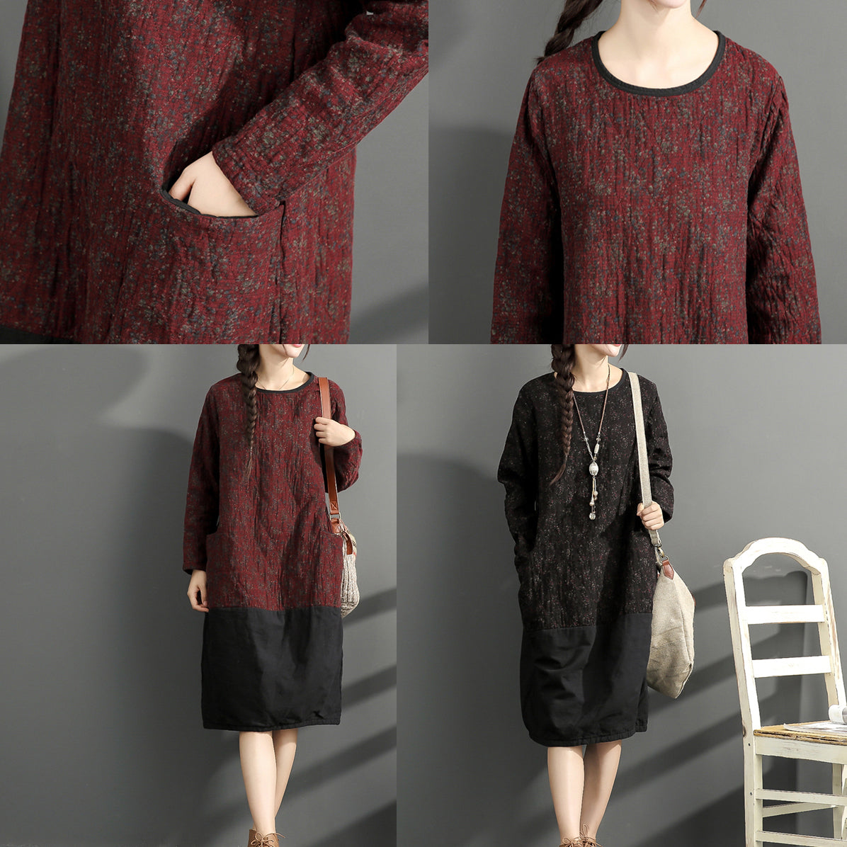 Warm Winter Cotton Outfits Red Prints Dresses Patchwork O Neck Dress