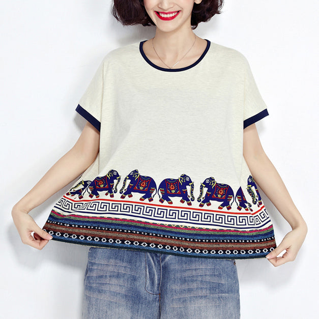 White Animal Prints Cotton Pullover Short Sleeve T Shirt