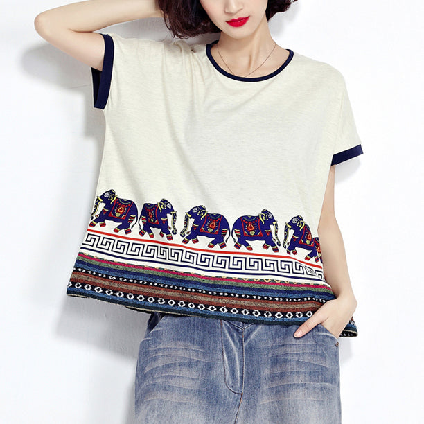 White Animal Prints Cotton Pullover Short Sleeve T Shirt