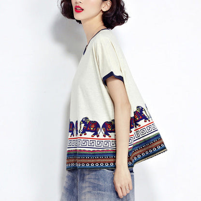 White Animal Prints Cotton Pullover Short Sleeve T Shirt