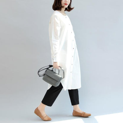 White Baggy Cotton Dresses Loose Long Sleeve Shirt Dress