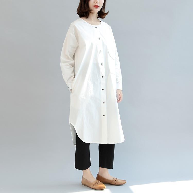White Baggy Cotton Dresses Loose Long Sleeve Shirt Dress