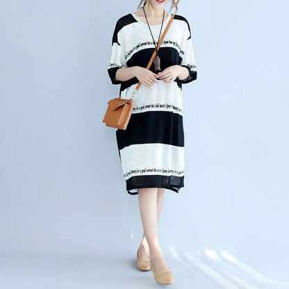 White Black Striped Midi-length Cotton Dress Linen Cotton Dress Boutique Low High Design Alphabet Prints Clothing