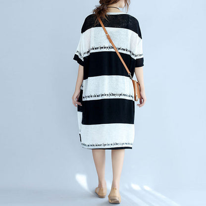 White Black Striped Midi-length Cotton Dress Linen Cotton Dress Boutique Low High Design Alphabet Prints Clothing