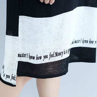 White Black Striped Midi-length Cotton Dress Linen Cotton Dress Boutique Low High Design Alphabet Prints Clothing