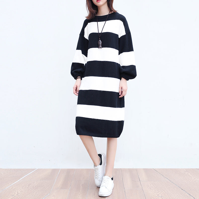 White Black Striped Woolen Cozy Sweater Dresses Knit Shift Dress