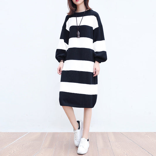 White Black Striped Woolen Cozy Sweater Dresses Knit Shift Dress