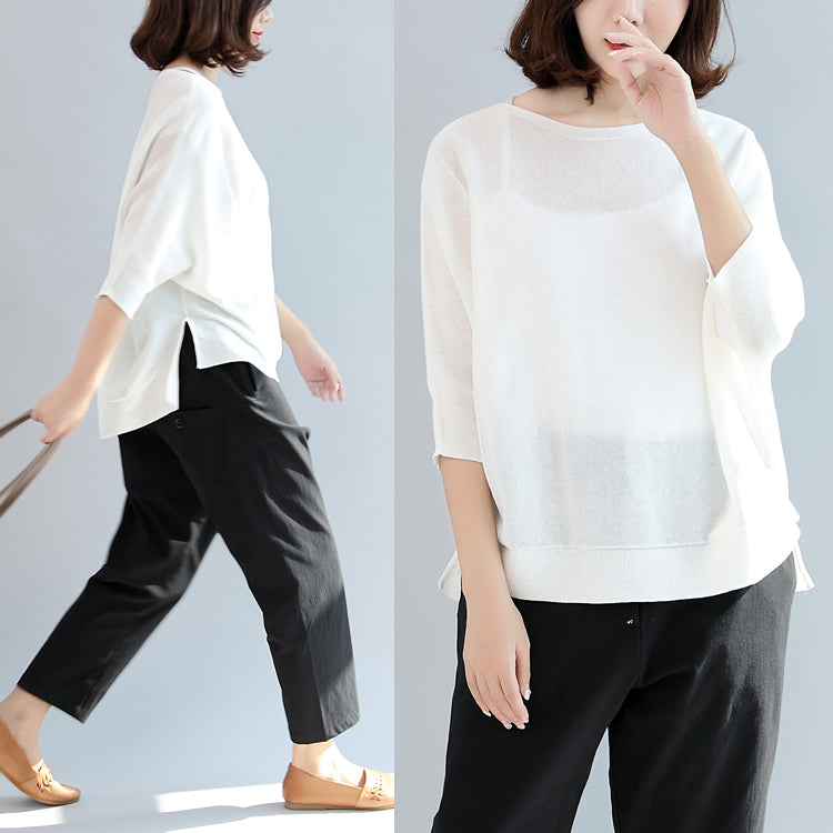 White Cotton Tops Blouse O Neck T Shirt Side Open