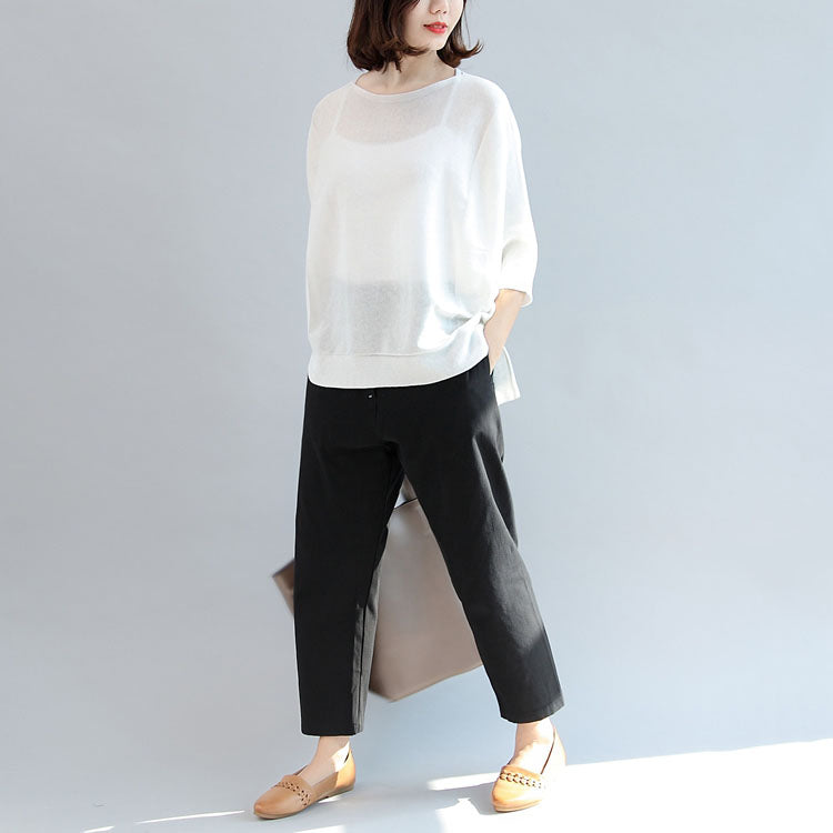 White Cotton Tops Blouse O Neck T Shirt Side Open