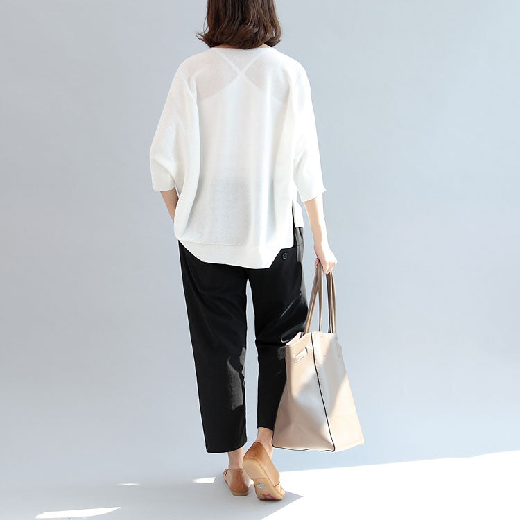 White Cotton Tops Blouse O Neck T Shirt Side Open