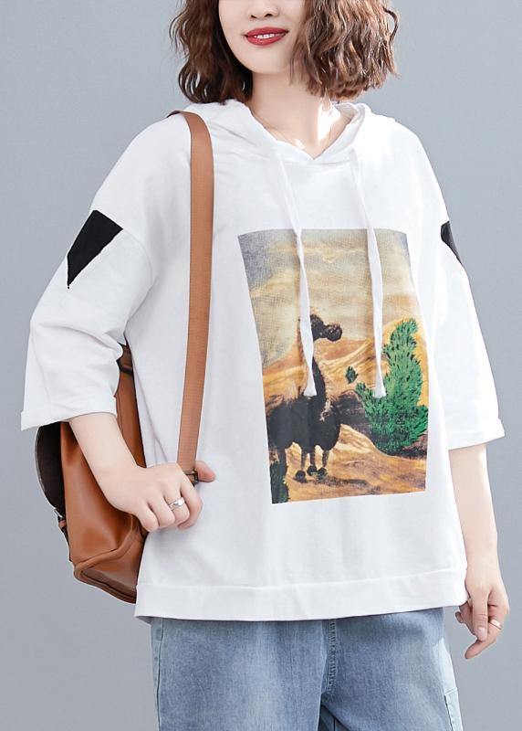 White Prints Hoode Blouse Half Sleeve Tops