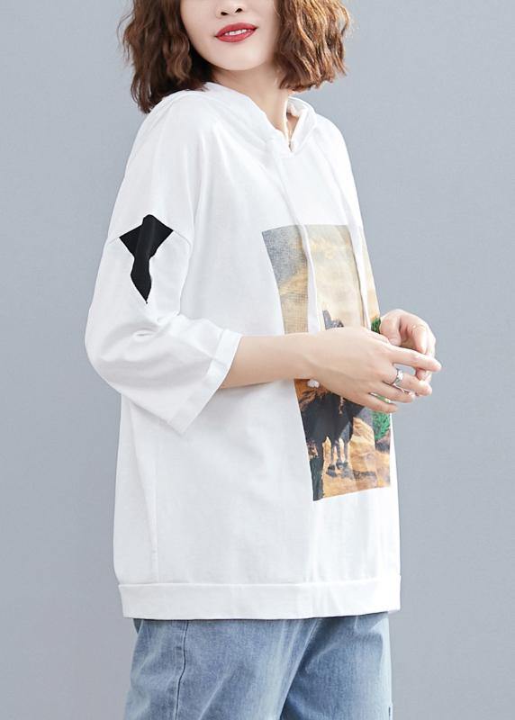 White Prints Hoode Blouse Half Sleeve Tops