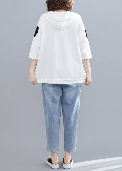 White Prints Hoode Blouse Half Sleeve Tops