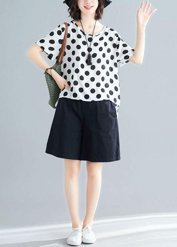 White Dotted Blended Pullover and Black Elastic Waist Shorts