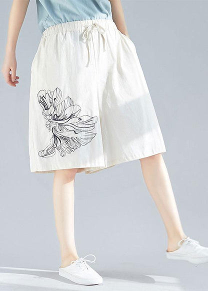 White Embroidery Blended Loose Pants Elastic Waist Shorts