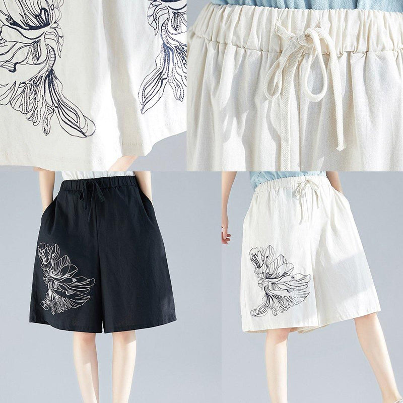 White Embroidery Blended Loose Pants Elastic Waist Shorts