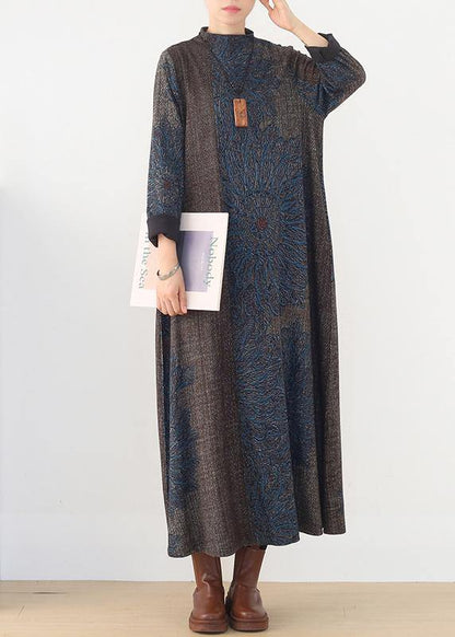 Winter Blue Prints Retro Loose Large Size Dress