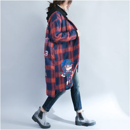 Winter Cartoon Prints Cotton Cardigans Red Grid Thick Hooded Trench Coats