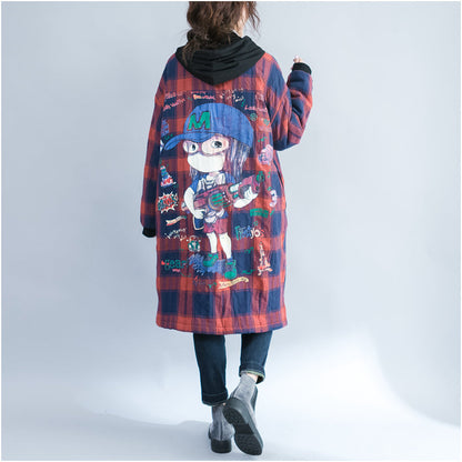 Winter Cartoon Prints Cotton Cardigans Red Grid Thick Hooded Trench Coats