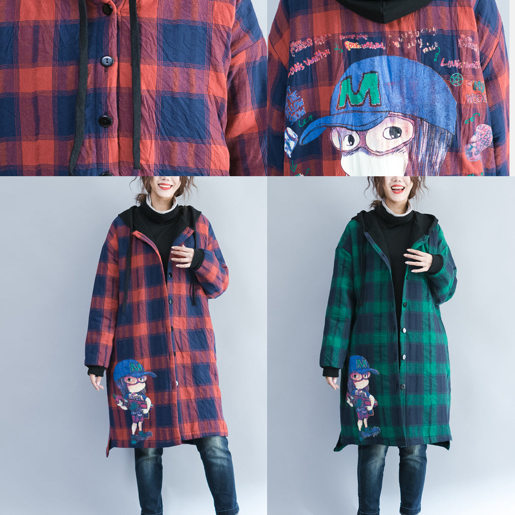 Winter Cartoon Prints Cotton Cardigans Red Grid Thick Hooded Trench Coats