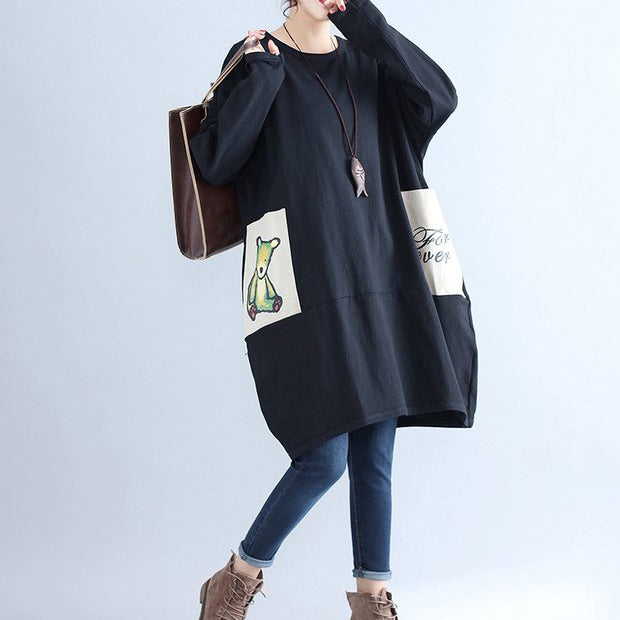 Winter Black Cotton Dresses Pockets Long Sleeve Shift Dress