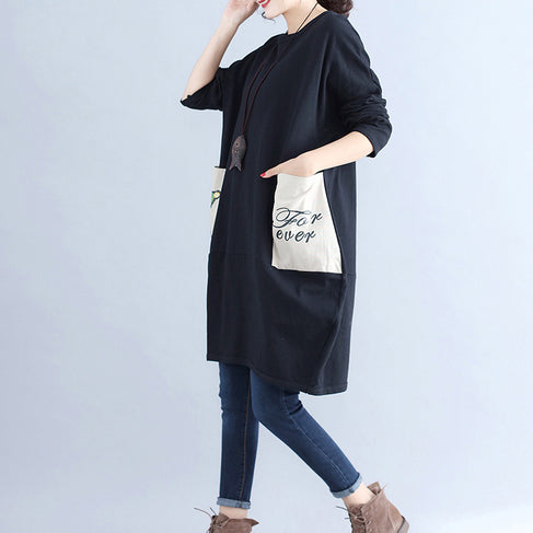 Winter Black Cotton Dresses Pockets Long Sleeve Shift Dress