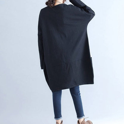 Winter Black Cotton Dresses Pockets Long Sleeve Shift Dress