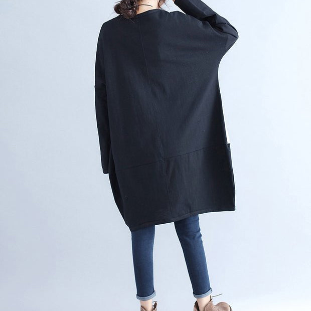Winter Black Cotton Dresses Pockets Long Sleeve Shift Dress