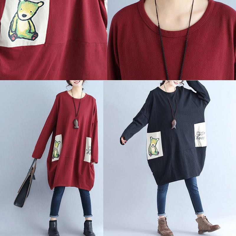 Winter Black Cotton Dresses Pockets Long Sleeve Shift Dress