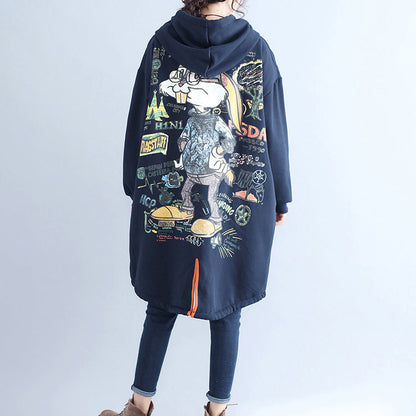 Winter Cotton Cardigans Oversize Navy Hooded Coats Back Cartoon Prints