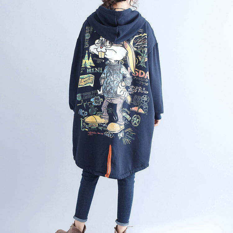 Winter Cotton Cardigans Oversize Navy Hooded Coats Back Cartoon Prints