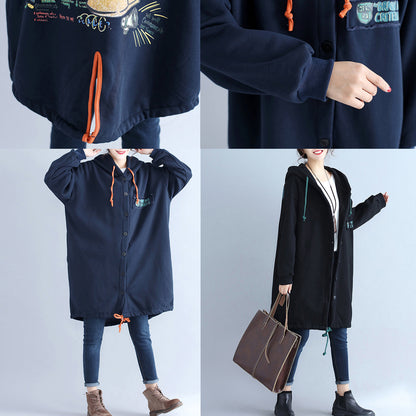 Winter Cotton Cardigans Oversize Navy Hooded Coats Back Cartoon Prints