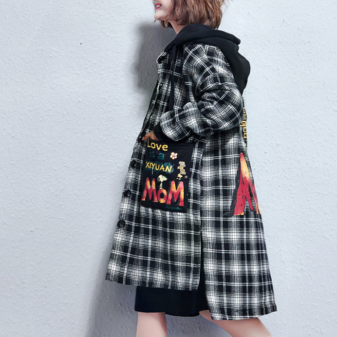 Winter Grid Print Cotton Thick Coats Hooded Thick Low High Cardigans