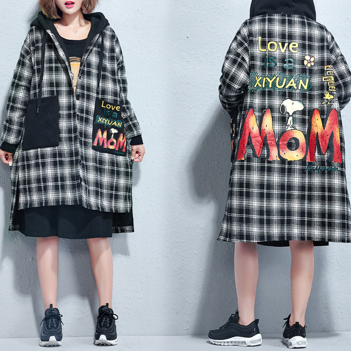 Winter Grid Print Cotton Thick Coats Hooded Thick Low High Cardigans